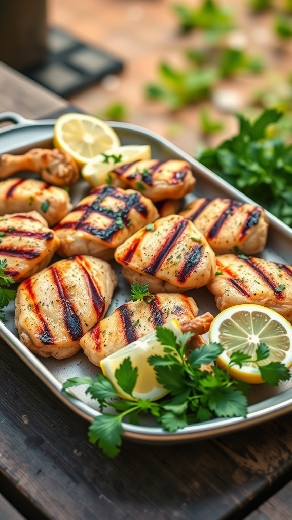 Grilled chicken thighs garnished with lemon and herbs on a serving tray.