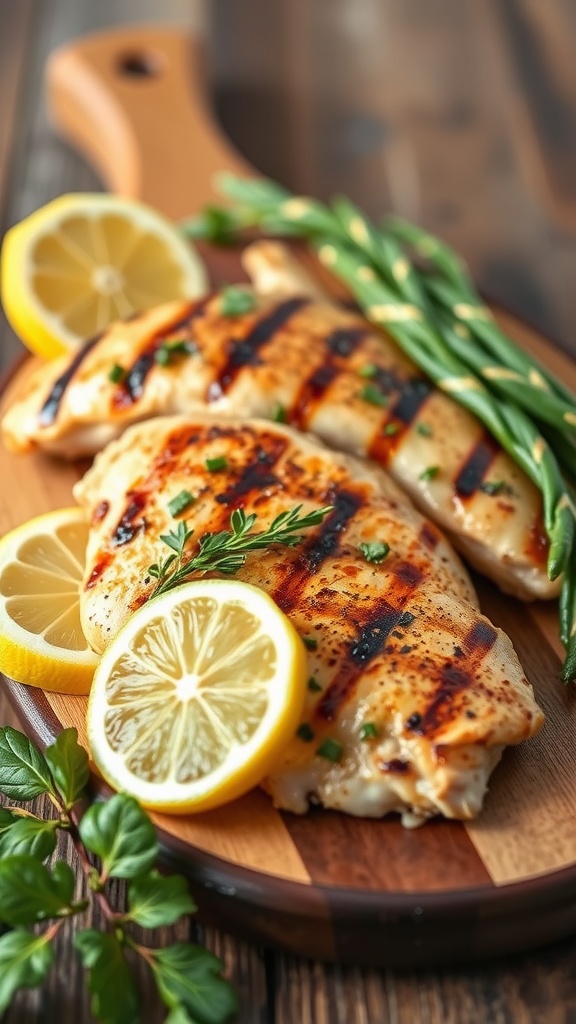 Grilled chicken breast with lemon slices and herbs on a wooden cutting board