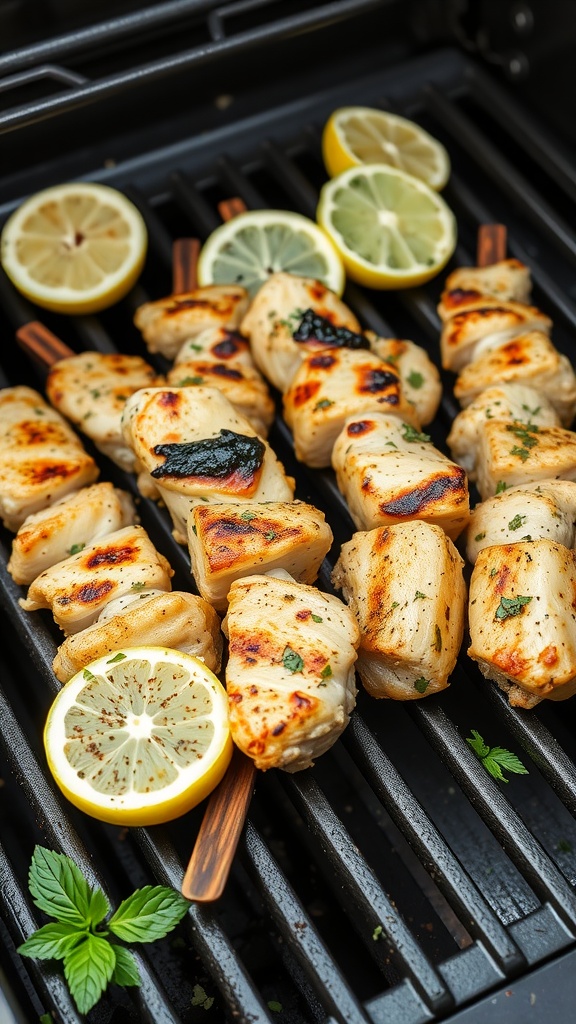 Grilled chicken skewers on a grill with lemon slices