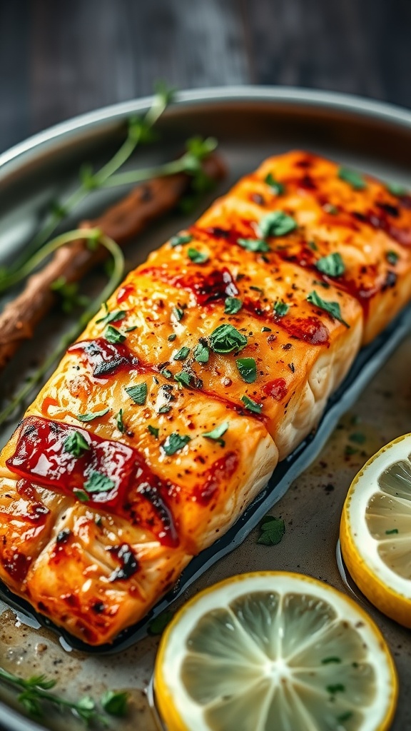 Grilled salmon fillet garnished with herbs and lemon slices on a plate.