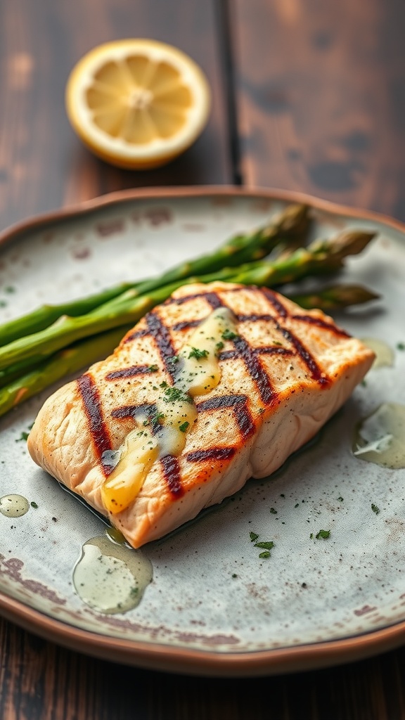 Grilled salmon fillet with lemon and asparagus on a plate