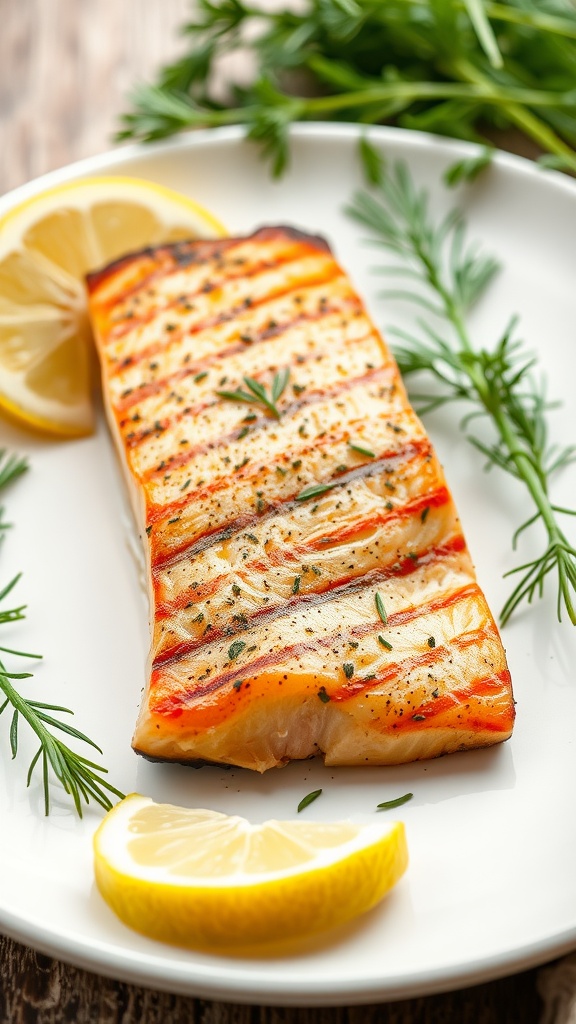 Grilled salmon with lemon and herbs on a plate.