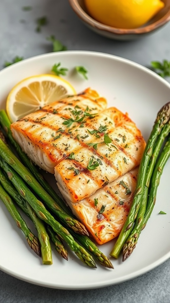 Grilled salmon fillet with lemon slices and asparagus on a plate