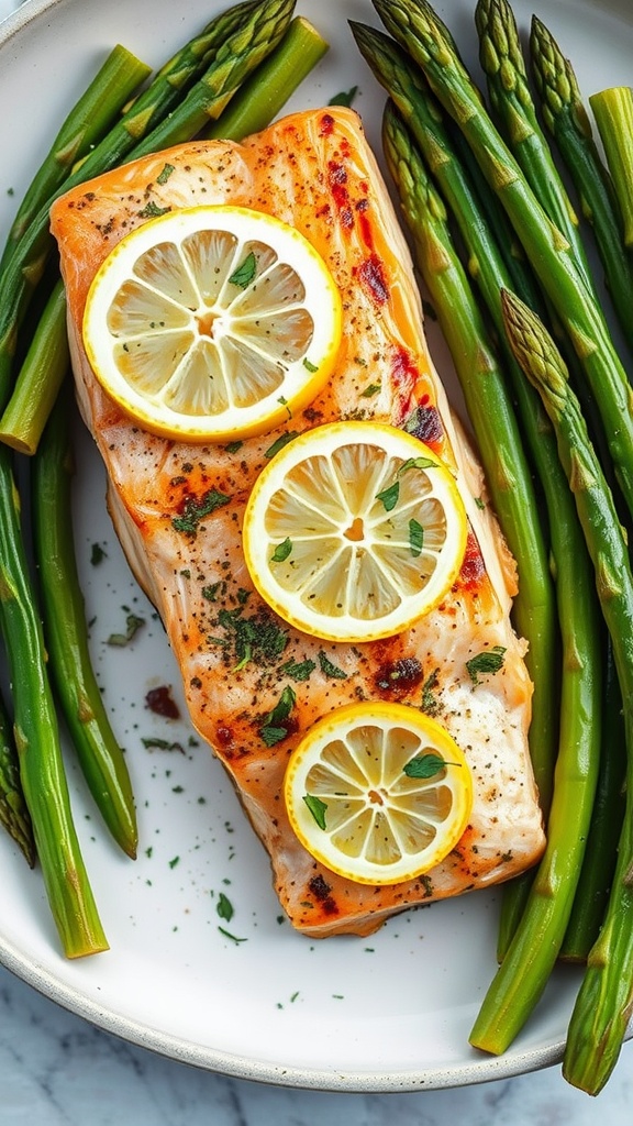 Grilled salmon fillet topped with lemon slices, surrounded by green asparagus on a plate.