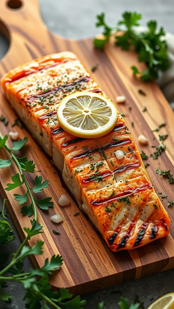 Grilled salmon fillet garnished with lemon and herbs on a wooden cutting board