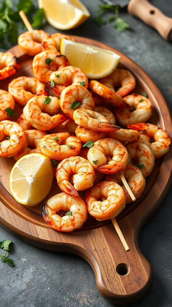 Grilled shrimp skewers with lemon slices and herbs on a plate