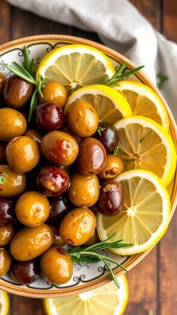 A bowl of lemon herb marinated olives with lemon slices and fresh herbs