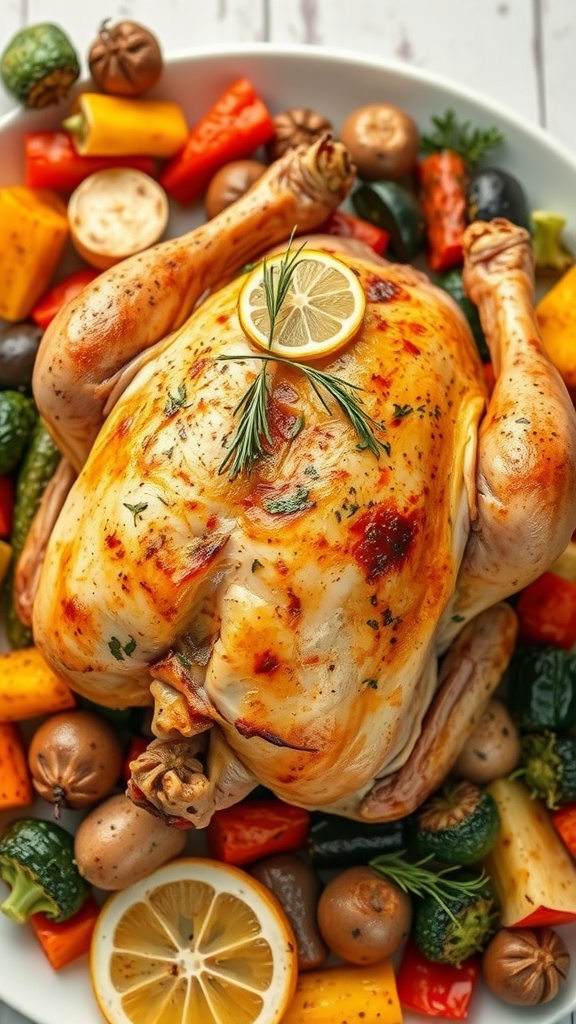 A beautifully roasted chicken garnished with lemon and herbs, surrounded by colorful vegetables.