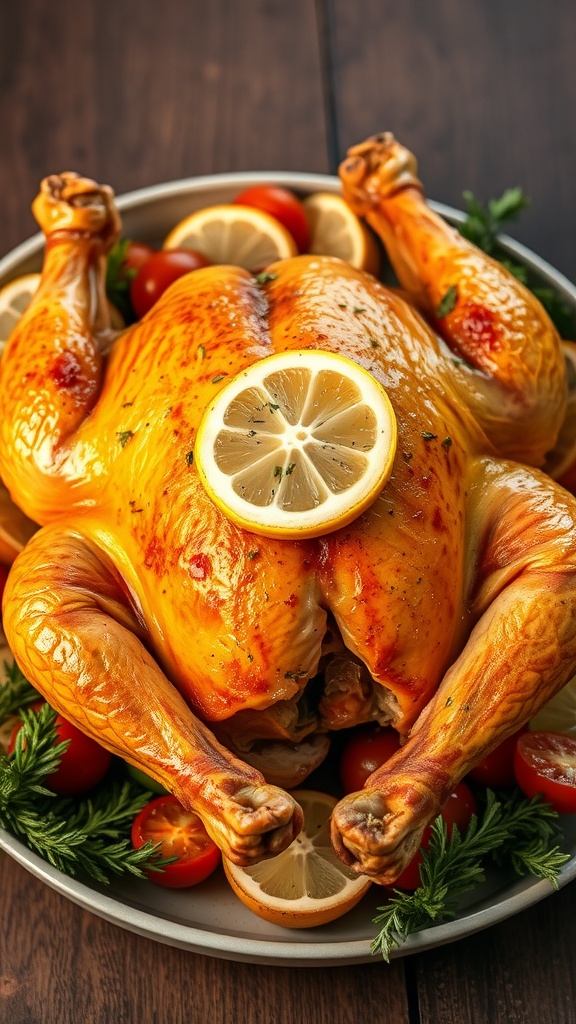 A golden lemon herb roasted chicken garnished with lemon slices and cherry tomatoes.