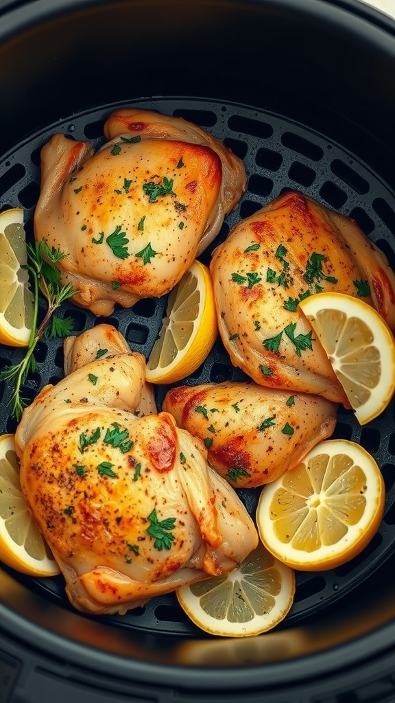 Lemon Herb Roasted Chicken Thighs in an air fryer with lemon slices