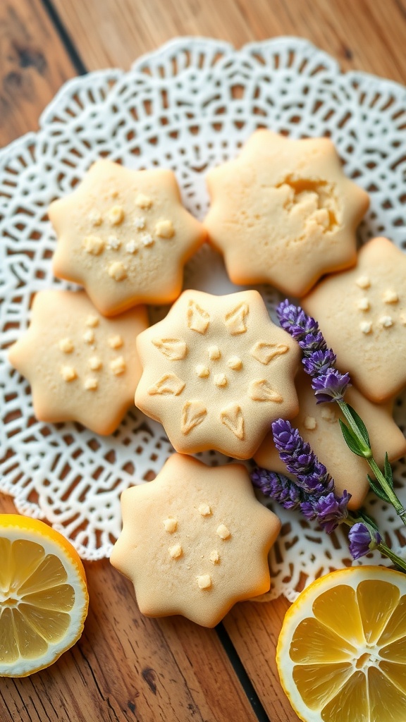 A plate of lemon lavender shortbread cookies with lavender sprigs and lemon slices