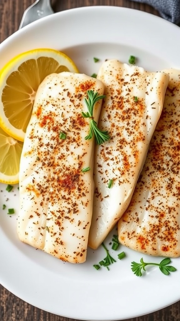 Cooked tilapia fillets seasoned with lemon and pepper, garnished with herbs and lemon slices.