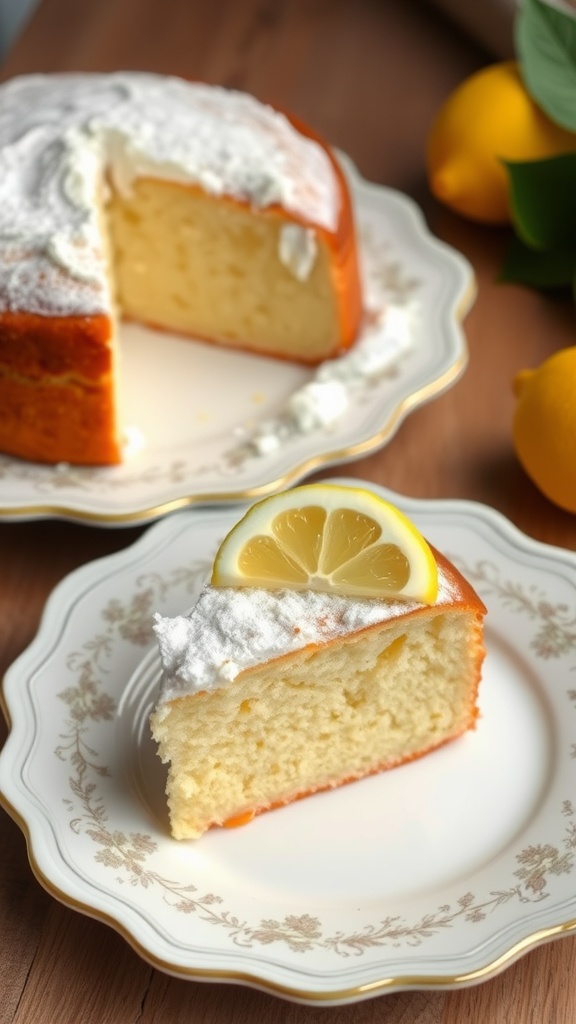 A slice of lemon ricotta cake topped with a lemon slice and whipped cream, placed on a decorative plate.