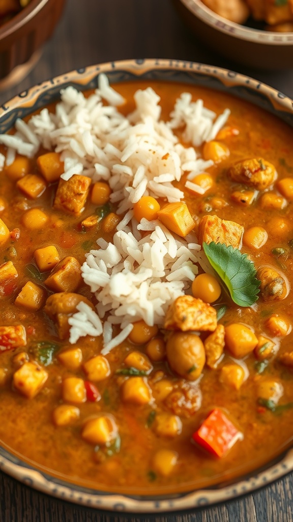 A bowl of colorful vegetable curry served over rice on a vibrant tablecloth.