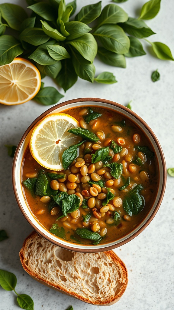 Bowl of lentil and spinach soup garnished with lemon slices, surrounded by basil leaves.