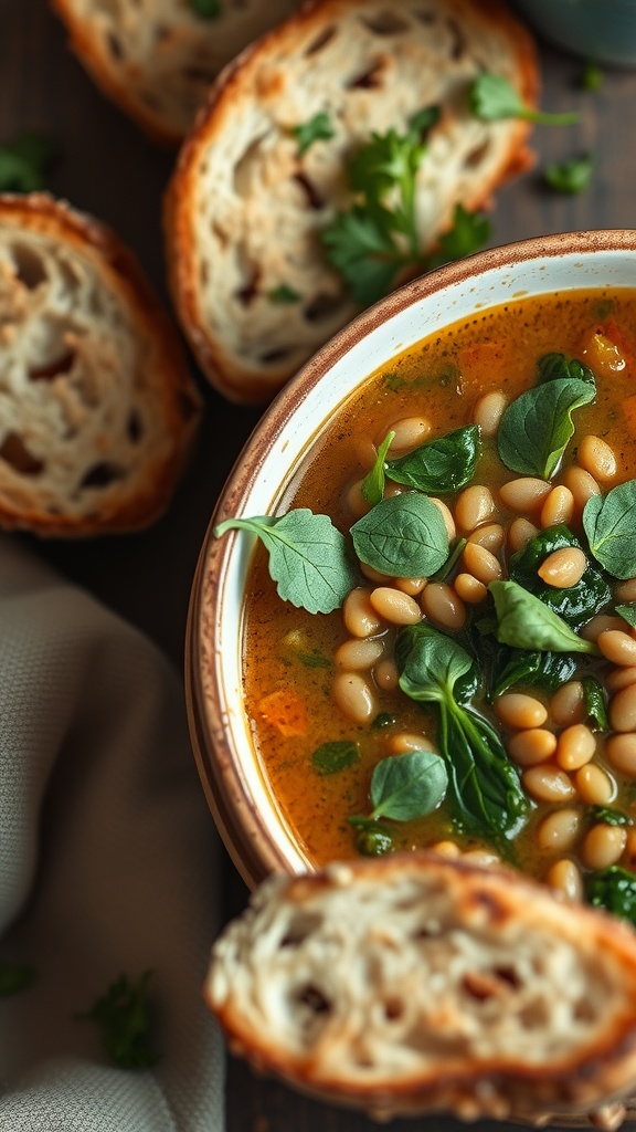 A bowl of lentil soup with spinach and slices of bread on the side.