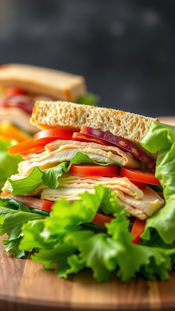 A lettuce-wrapped turkey club sandwich featuring layers of turkey, red onions, and bell peppers.