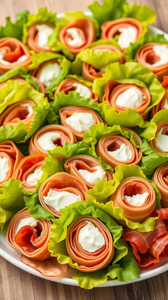 A plate of lettuce and turkey bacon roll-ups filled with cream cheese