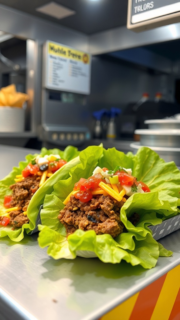 Lettuce wrap tacos filled with meat, cheese, and toppings