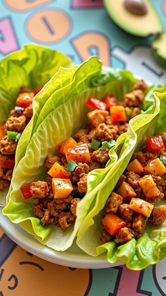 Lettuce wrap tacos filled with meat and vegetables, served on a colorful table