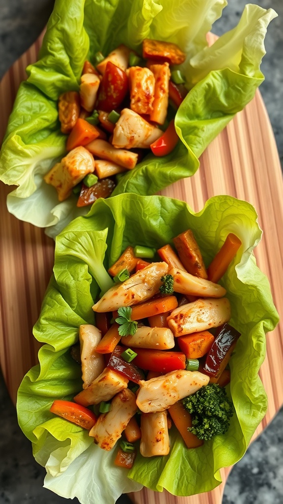 Two lettuce wraps filled with colorful vegetables and a savory mixture.