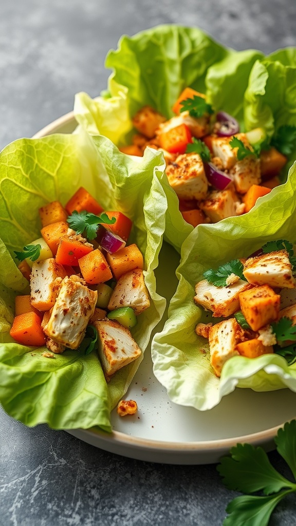 Lettuce wraps filled with chicken and colorful vegetables