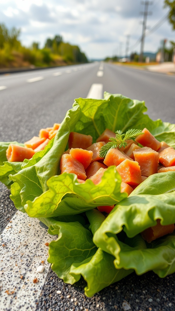 Lettuce wraps with deli meats on a road.