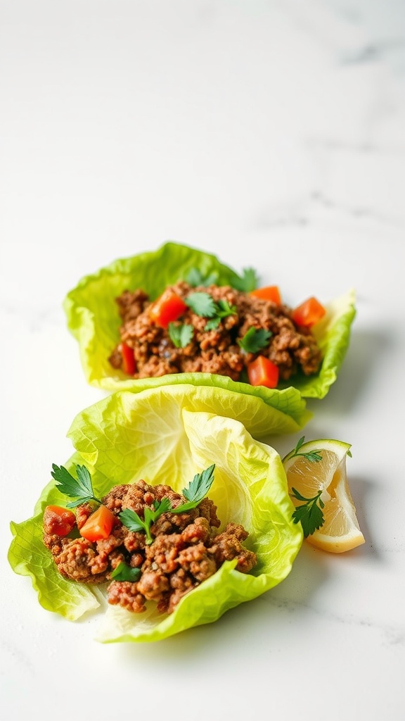 Lettuce wraps filled with ground beef, tomatoes, and fresh herbs on a white surface.