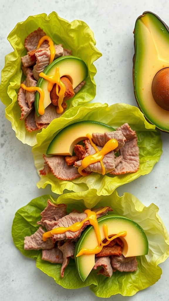 Lettuce wraps filled with roast beef, cheese, and avocado slices