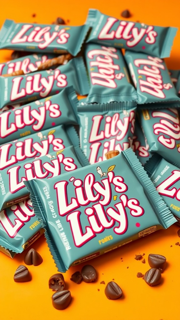 A colorful display of Lily's chocolate bars on an orange background