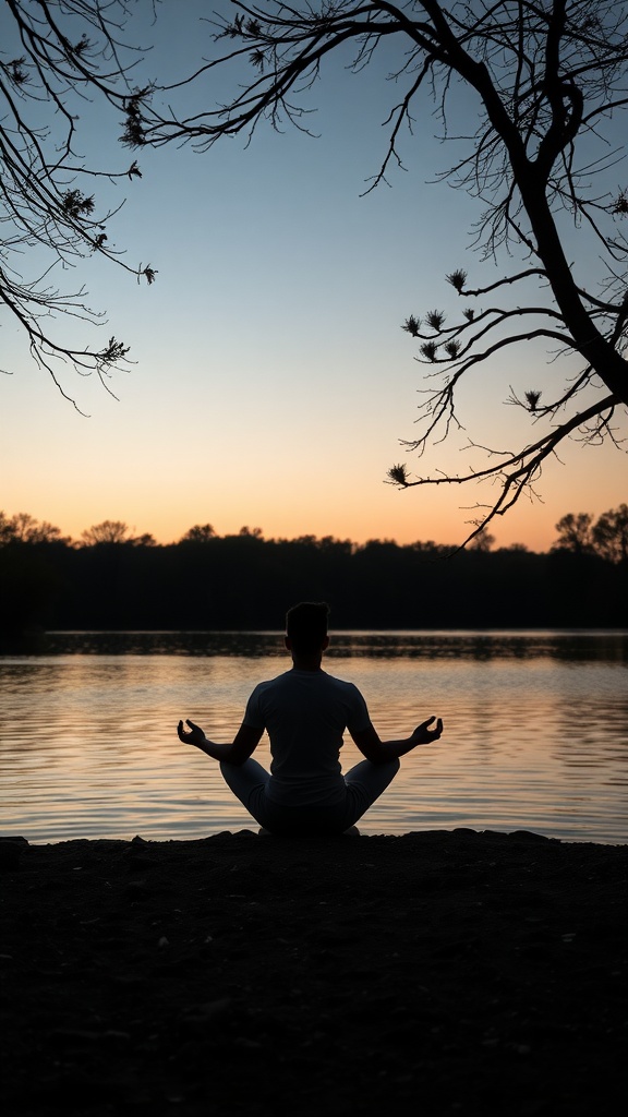 A person meditating by the water during sunset, symbolizing mindfulness and body awareness.
