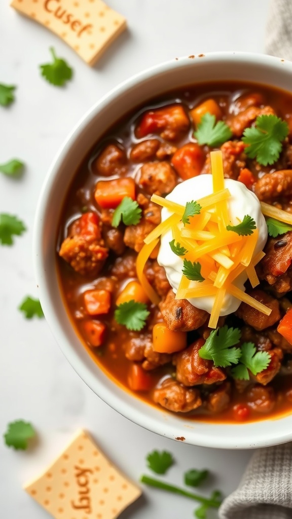 A bowl of loaded keto chili topped with cheese and sour cream, surrounded by garnishes.