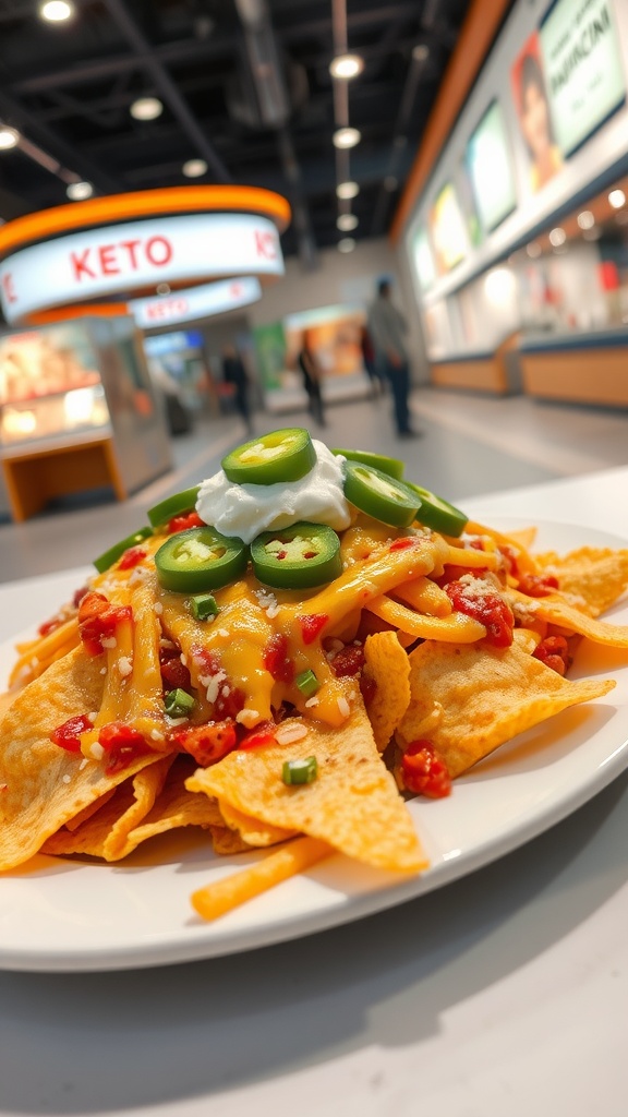 A plate of loaded keto nachos with cheese, jalapeños, and sour cream in a food court setting.