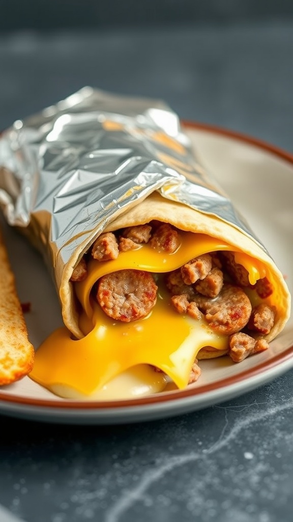 Low-carb breakfast burritos with sausage and cheese wrapped in foil.