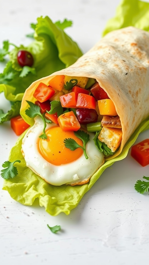 Low-carb breakfast burrito wrapped in lettuce with egg and vegetables