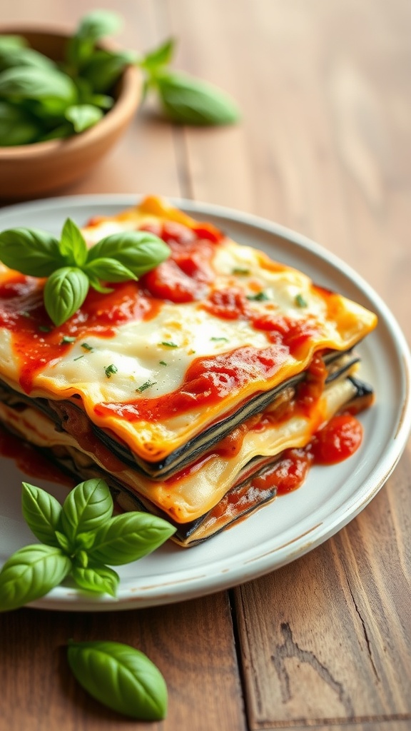 Layers of eggplant lasagna with marinara sauce and fresh basil on a plate.