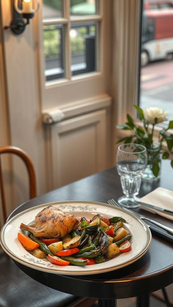 A plate of grilled chicken with mixed vegetables at Mon Ami Gabi restaurant.