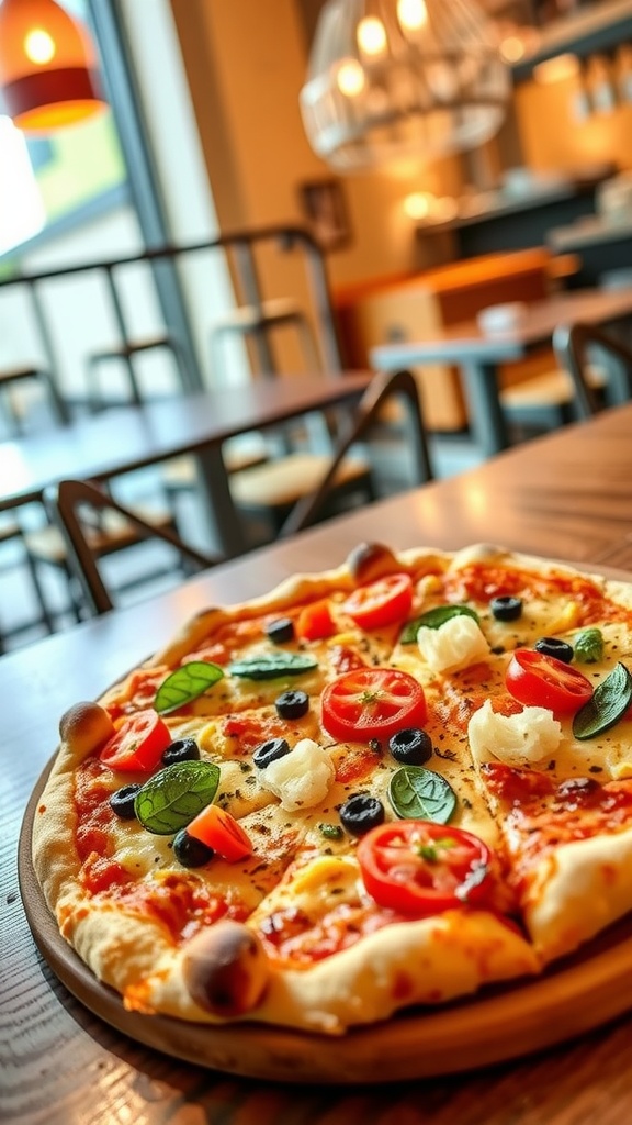 A delicious low-carb pizza topped with tomatoes, olives, and spinach.