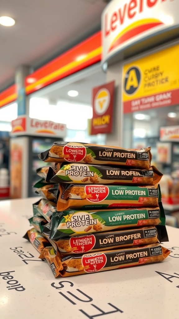 A variety of protein bars lined up on a store shelf.