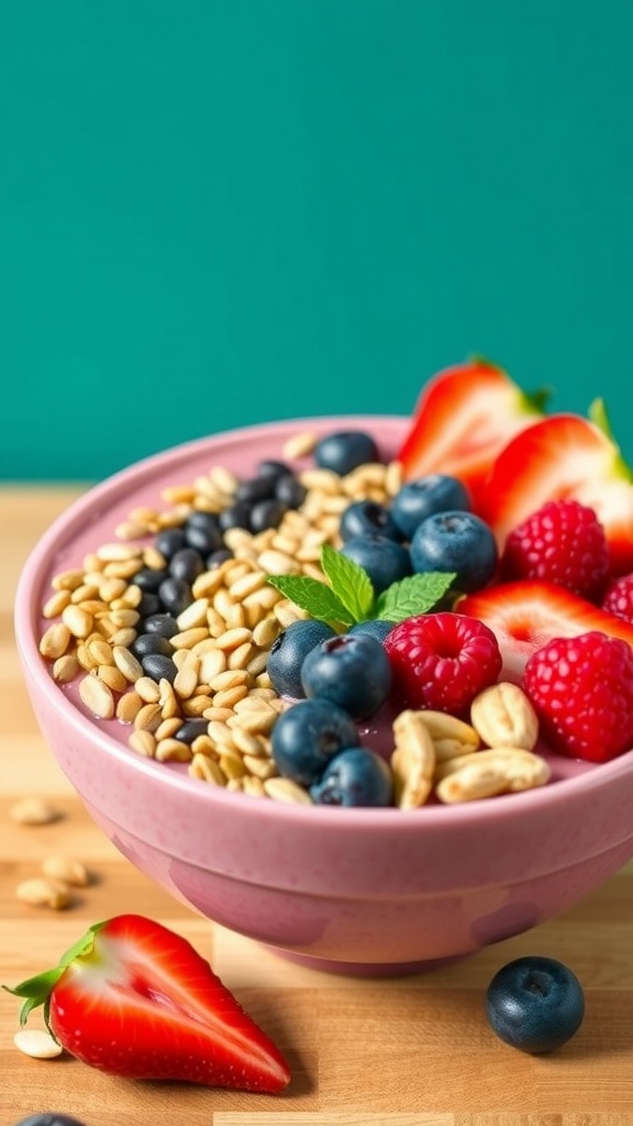 A delicious low-carb smoothie bowl topped with strawberries, blueberries, and granola.