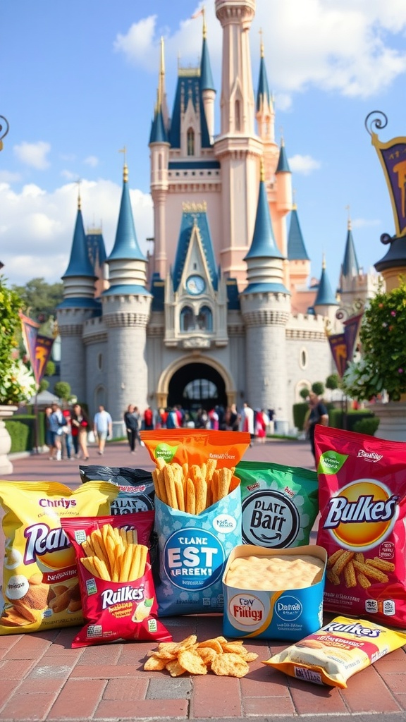 An assortment of low-carb snacks displayed in front of a Disney castle, including cheese crisps and churros.