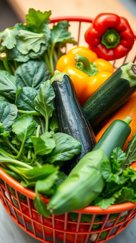 A basket filled with various low-carb vegetables including zucchini, bell peppers, and leafy greens.