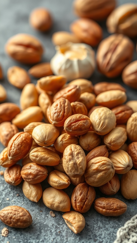 A variety of macadamia nuts, some whole and some shelled, displayed on a textured background.