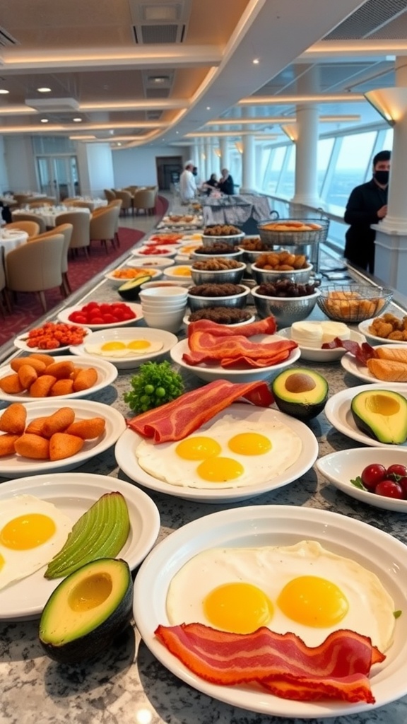 A variety of keto-friendly breakfast options including eggs, bacon, and avocados displayed at a cruise ship buffet.