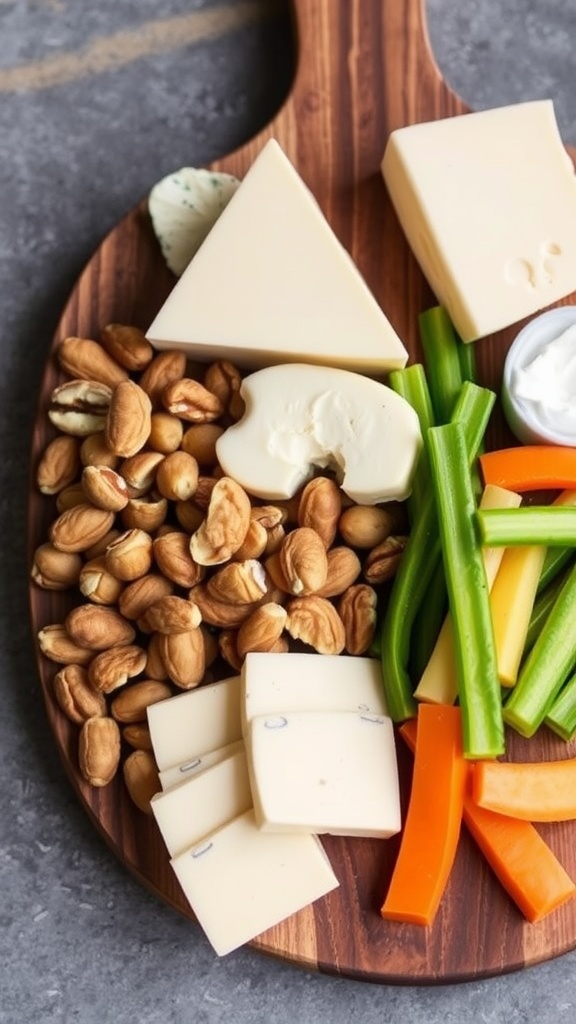 A wooden platter with assorted cheeses, nuts, and colorful vegetables.