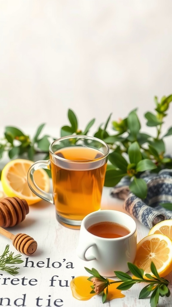 A warm cup of herbal tea with lemon and honey, surrounded by fresh ingredients