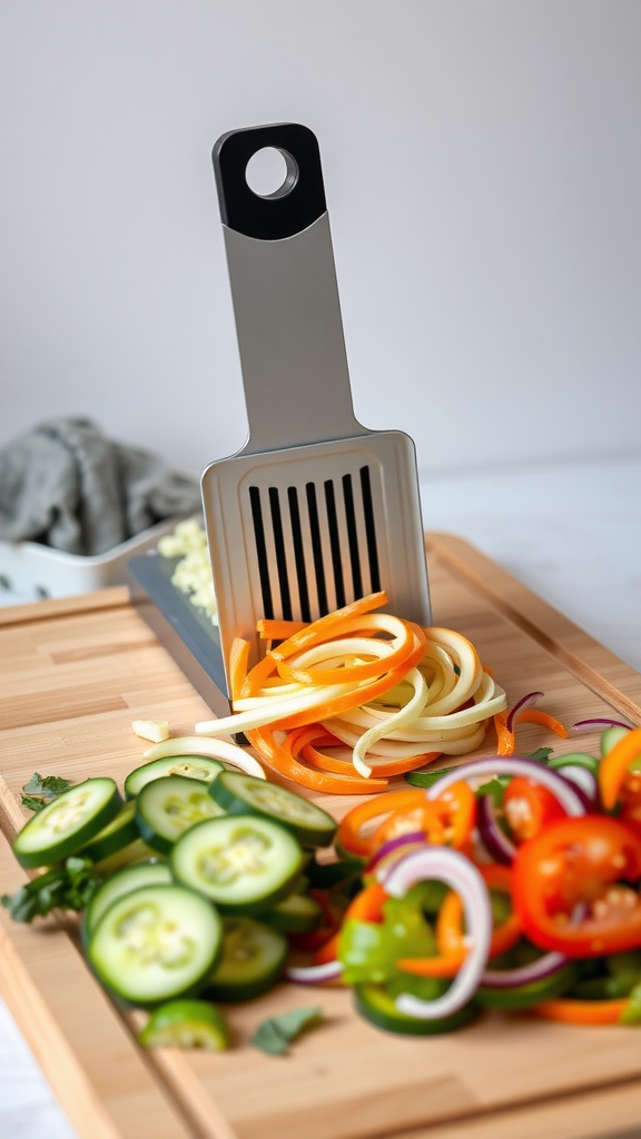 A mandoline slicer with sliced vegetables including cucumbers, bell peppers, and onions on a wooden cutting board.