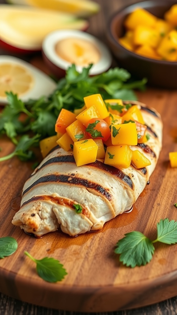 Grilled chicken breast topped with mango salsa on a wooden board, garnished with cilantro.