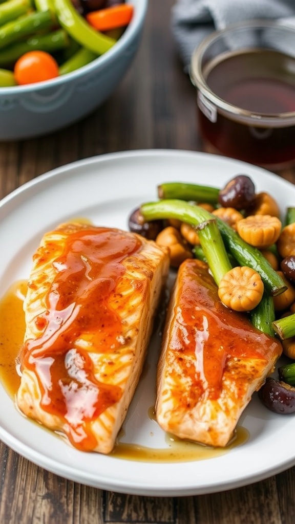 Maple mustard glazed salmon with vegetables on a plate.