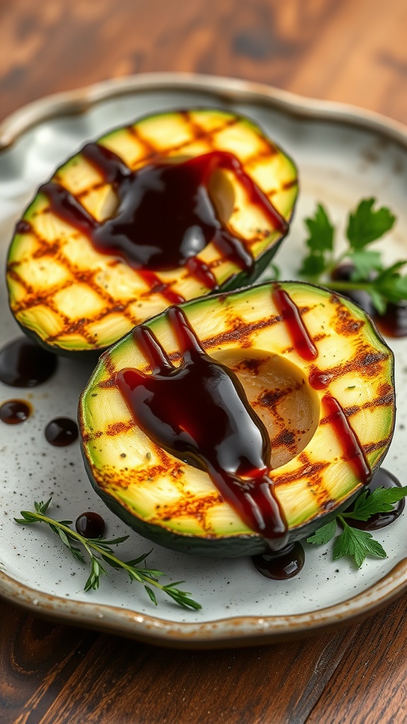 Grilled avocado halves drizzled with balsamic glaze on a plate